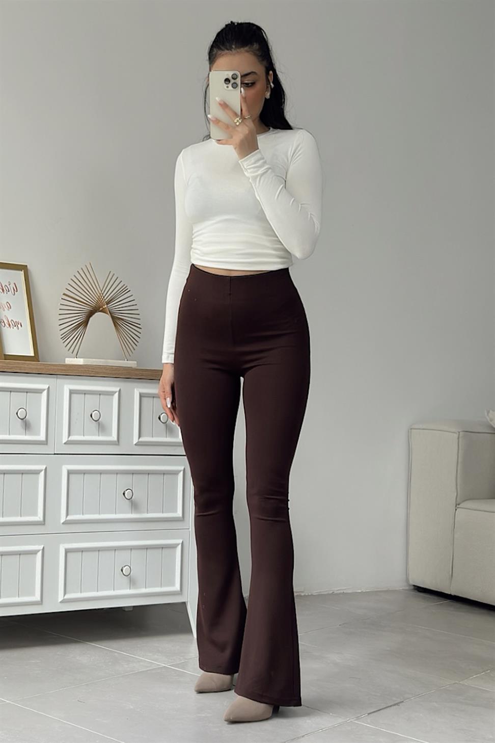 Premium Kalite Çelik Penye İspanyol Tayt Pantolon Acı Kahve