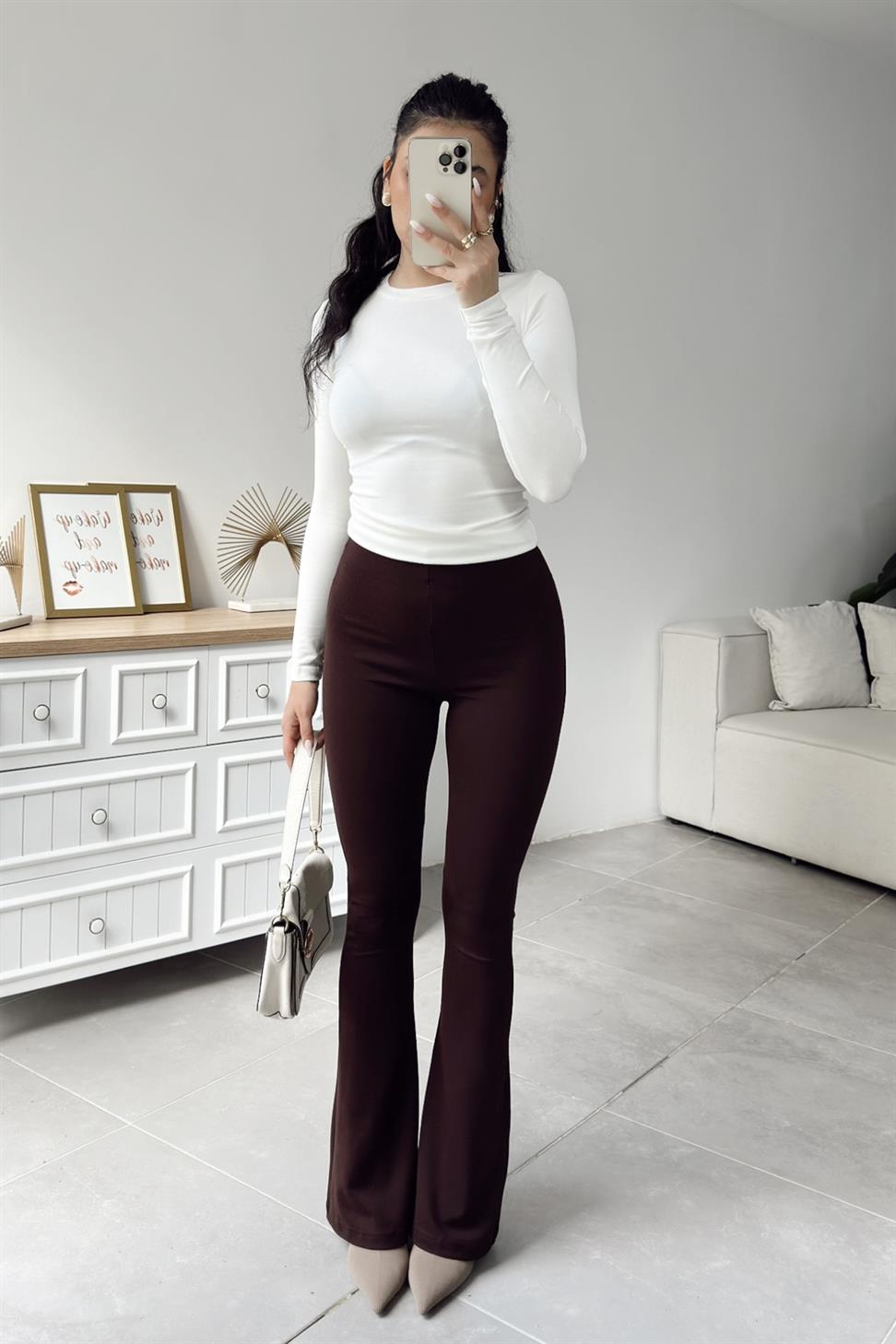 Premium Kalite Çelik Penye İspanyol Tayt Pantolon Acı Kahve