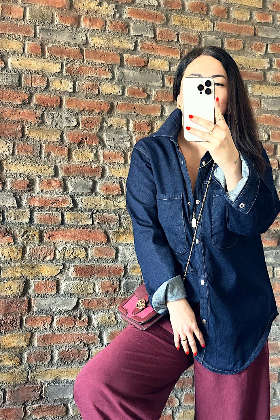 Premium Kalite Cep Detay Denim Gömlek Koyu Mavi