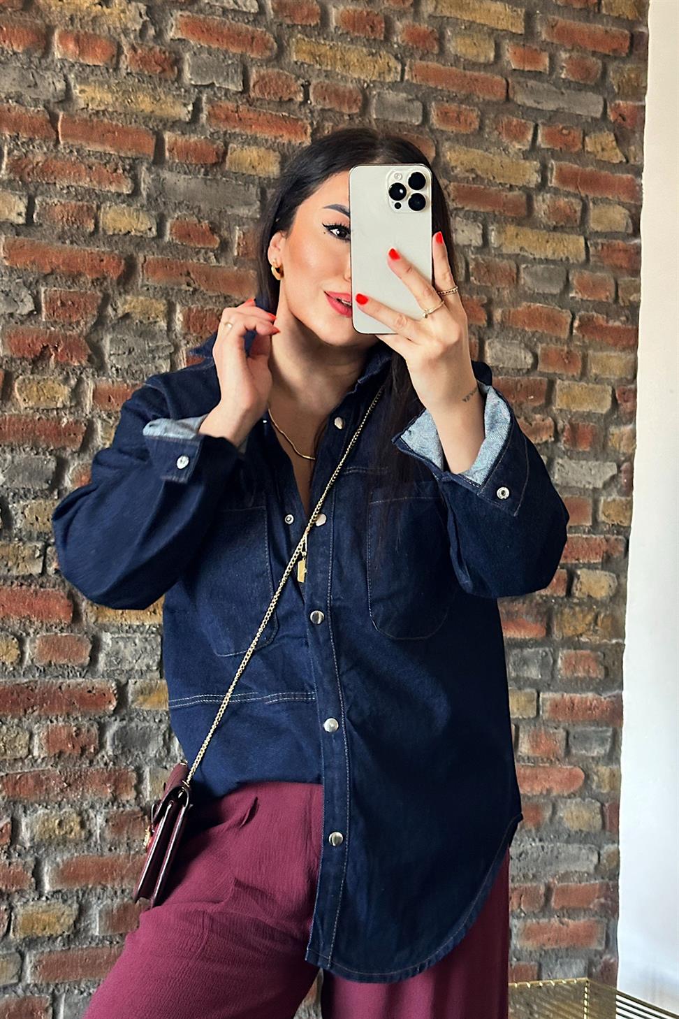 Premium Kalite Cep Detay Denim Gömlek Koyu Mavi