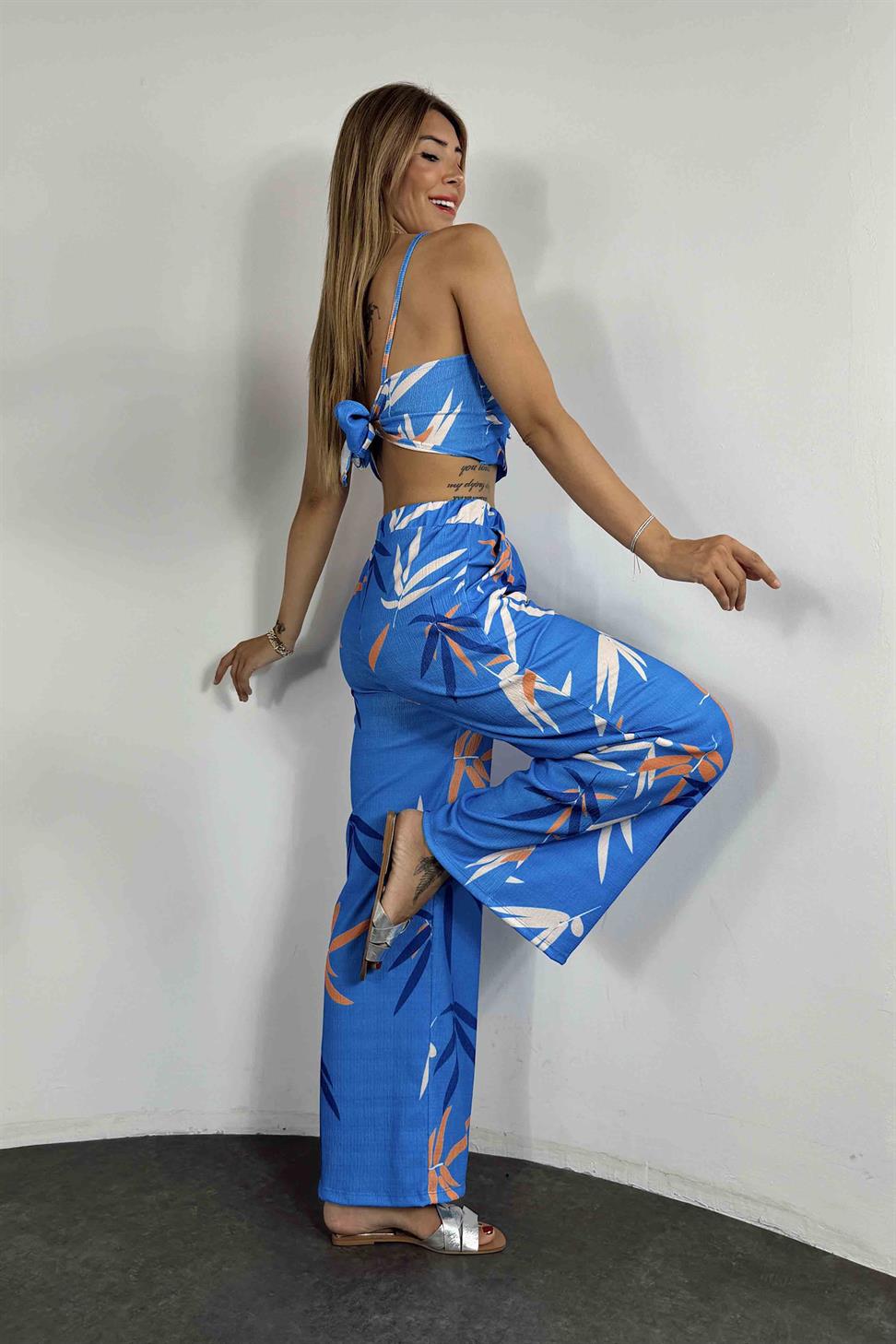 Premium Kalite Çiçek Desen Crop Pantolon Takım Mavi