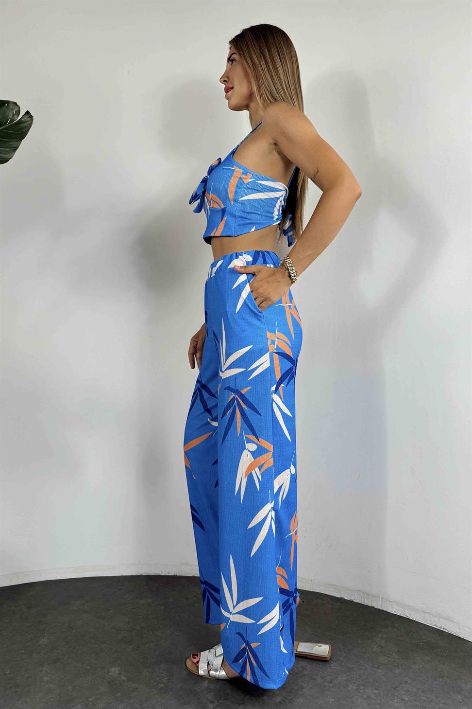 Premium Kalite Çiçek Desen Crop Pantolon Takım Mavi