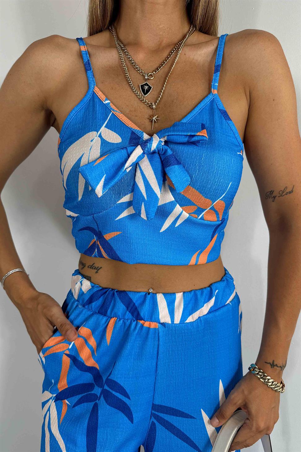 Premium Kalite Çiçek Desen Crop Pantolon Takım Mavi