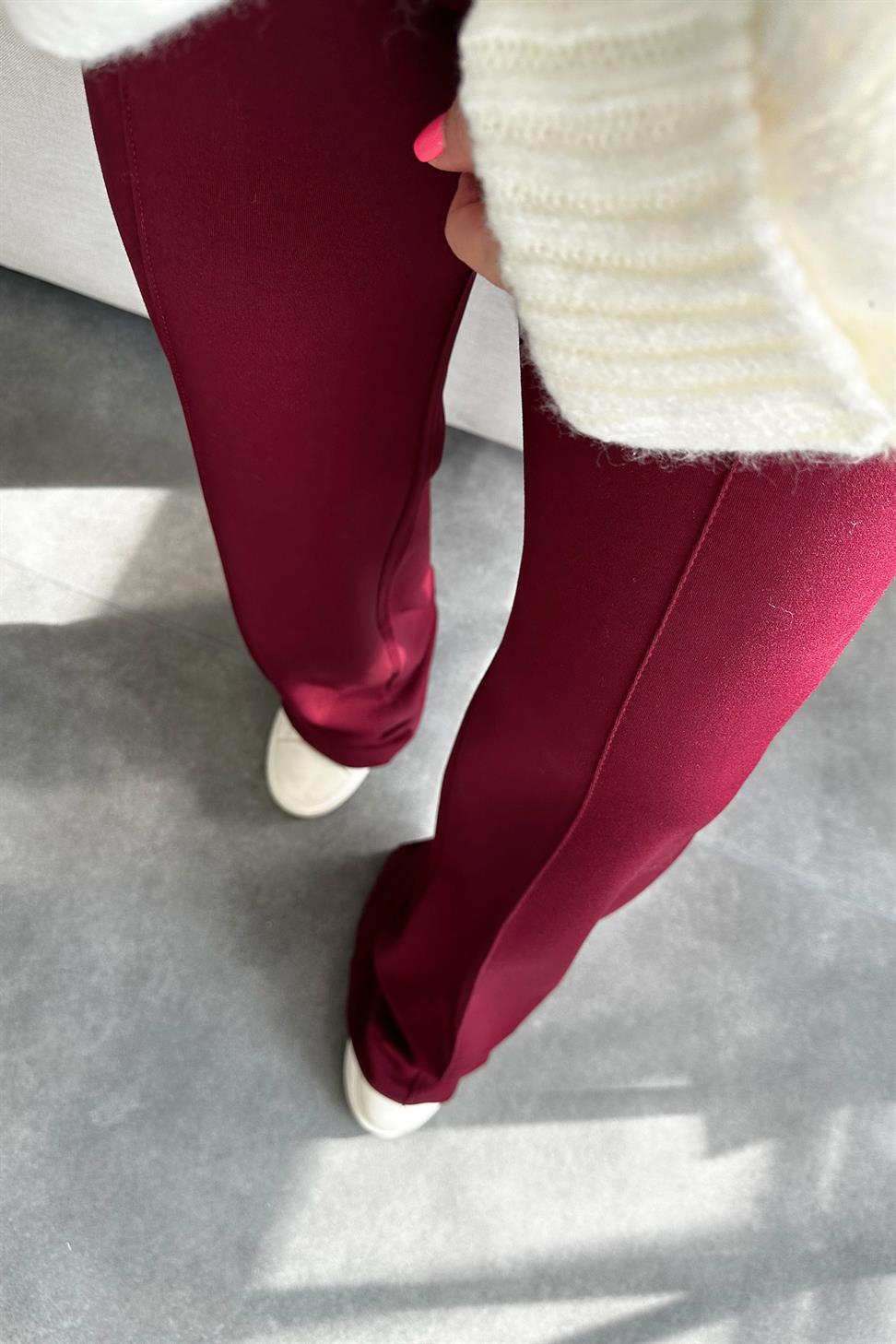 Premium Kalite Çımalı Palazzo Pantolon Bordo