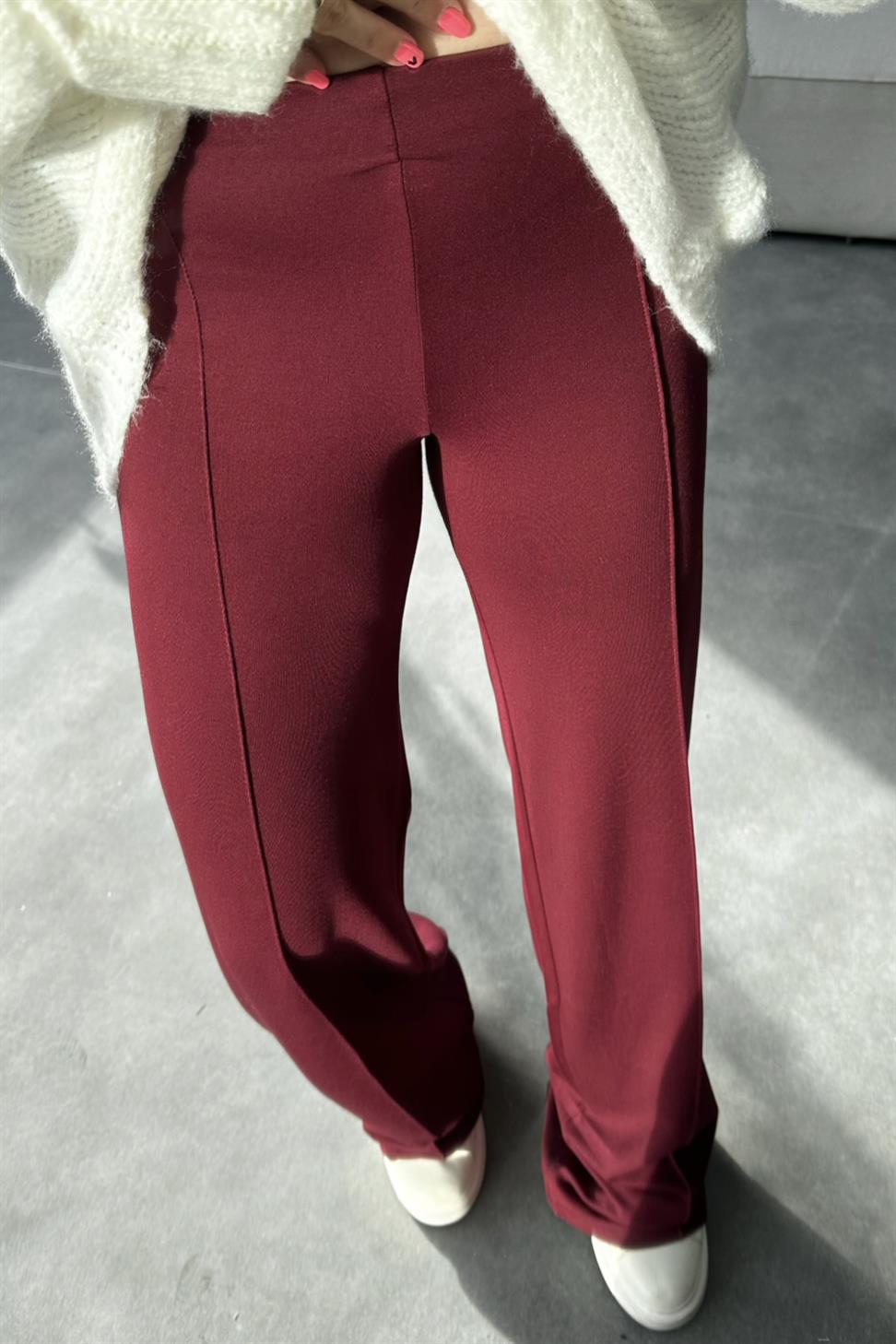 Premium Kalite Çımalı Palazzo Pantolon Bordo