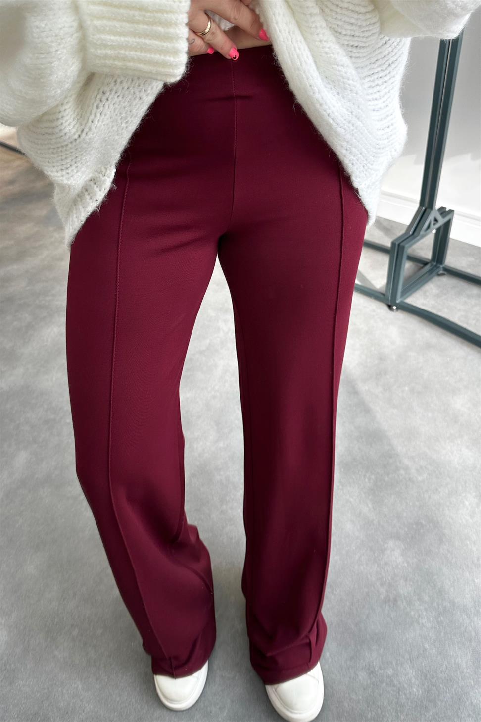 Premium Kalite Çımalı Palazzo Pantolon Bordo