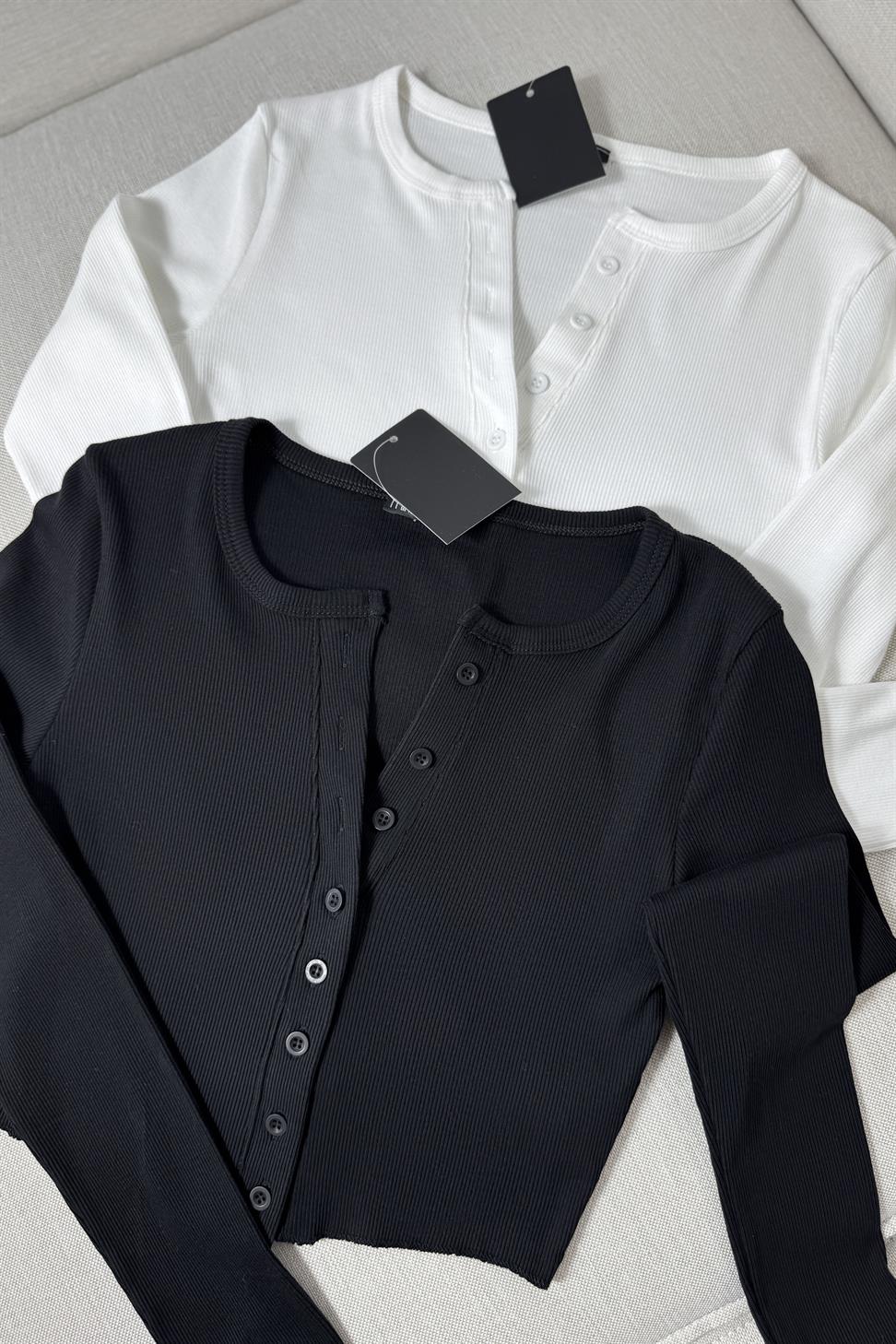 Premium Kalite Düğme Detaylı Fitilli Crop Bluz Siyah