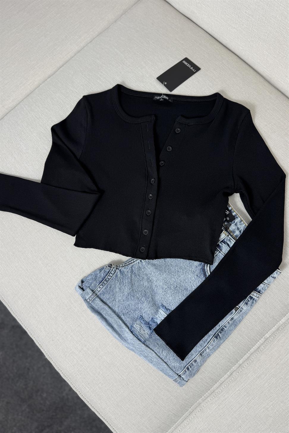 Premium Kalite Düğme Detaylı Fitilli Crop Bluz Siyah