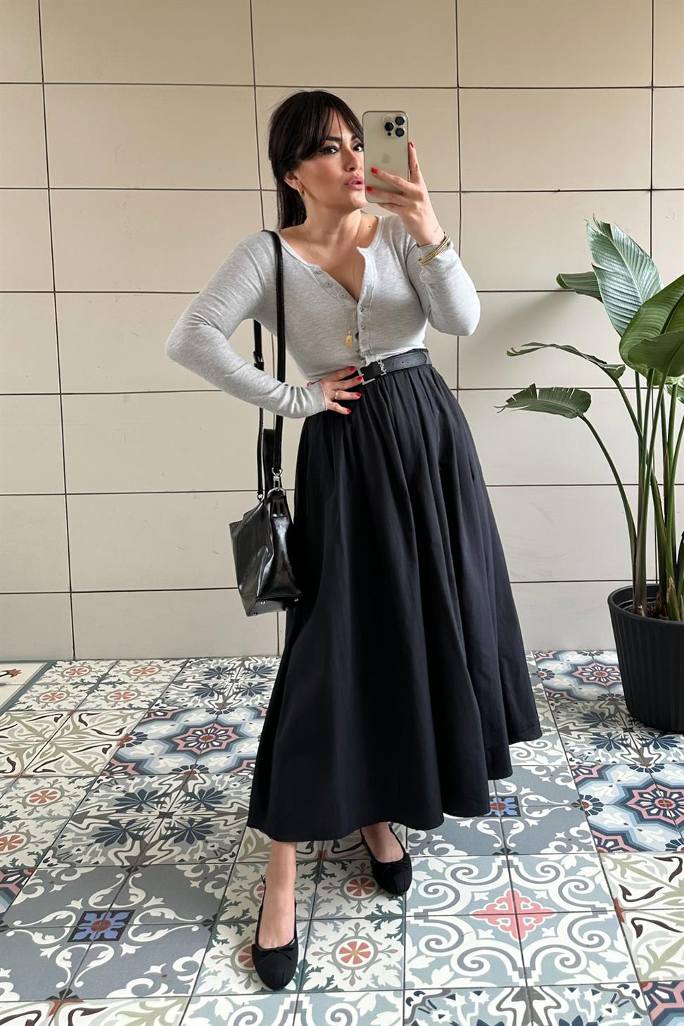 Premium Kalite Düğme Detaylı Fitilli Crop Bluz Gri