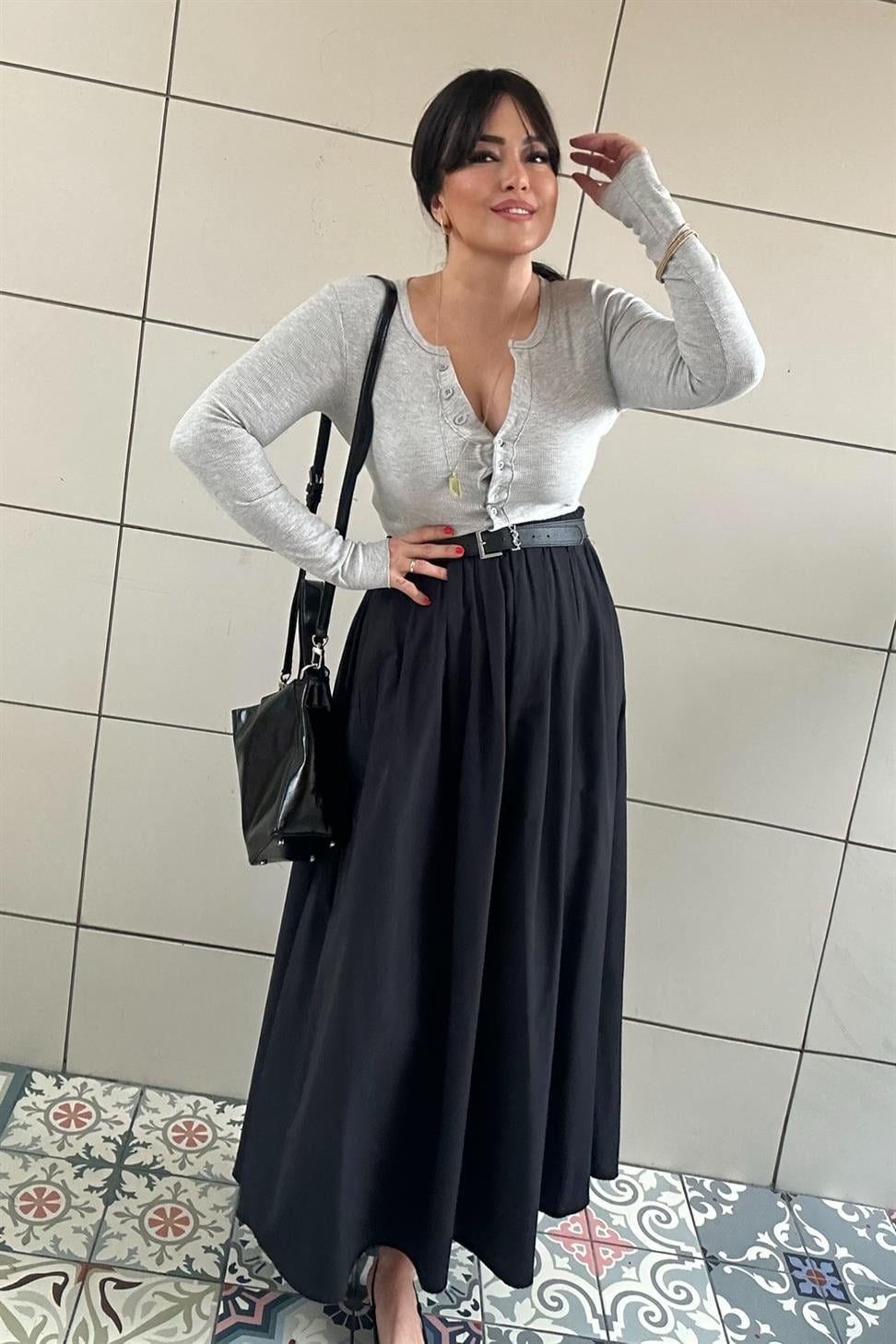 Premium Kalite Düğme Detaylı Fitilli Crop Bluz Gri