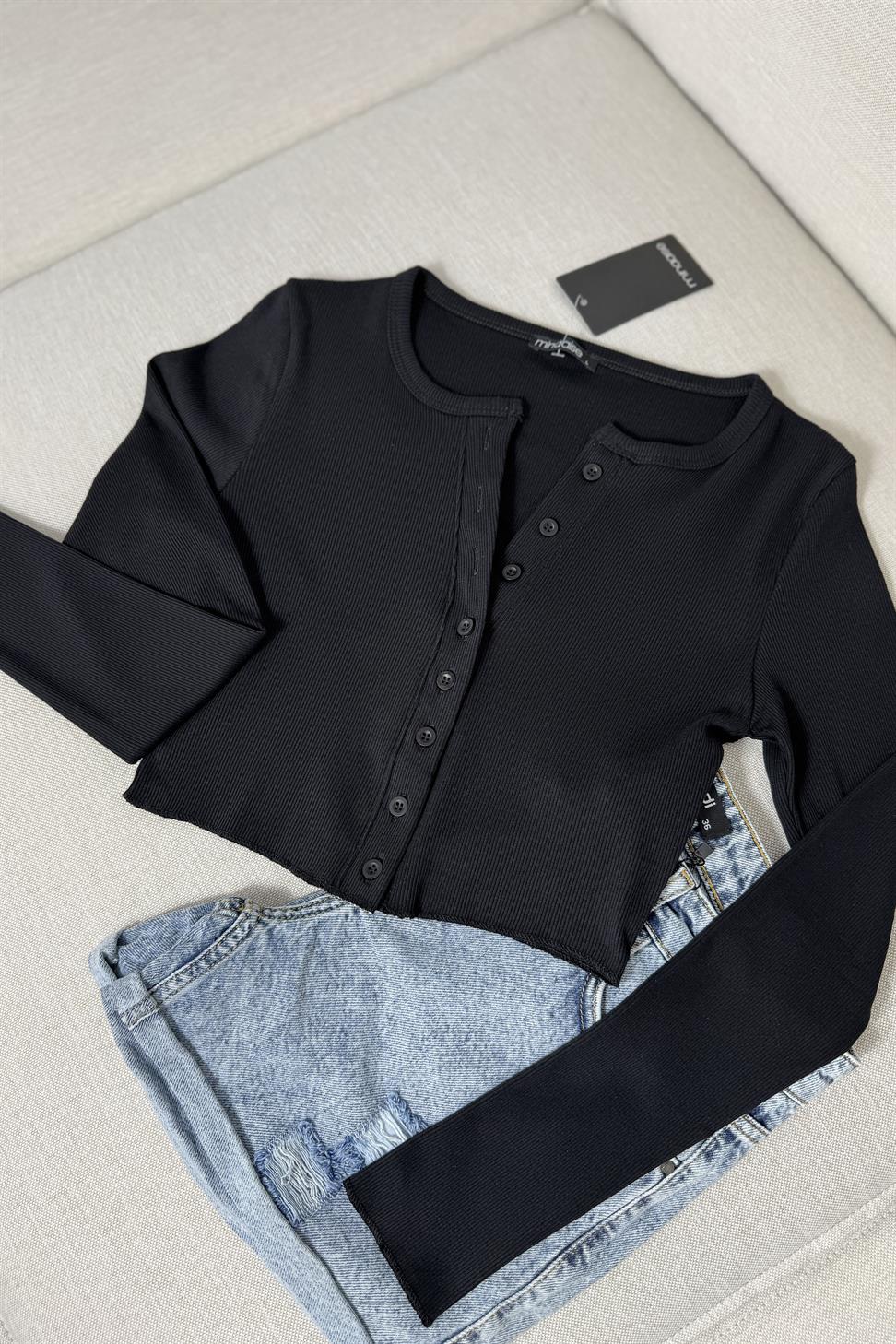 Premium Kalite Düğme Detaylı Fitilli Crop Bluz Siyah