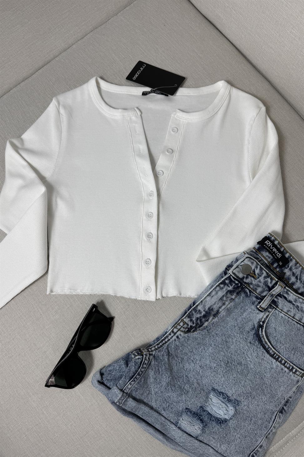 Premium Kalite Düğme Detaylı Fitilli Crop Bluz Ekru