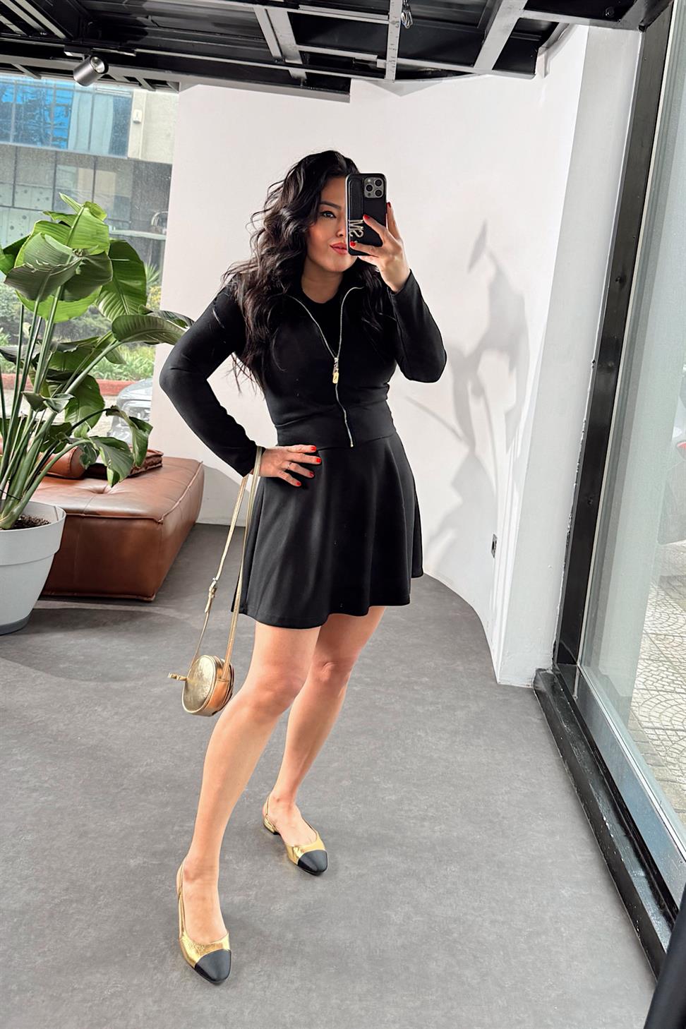 Premium Kalite Fermuar Detaylı Mini Etekli Takım Siyah