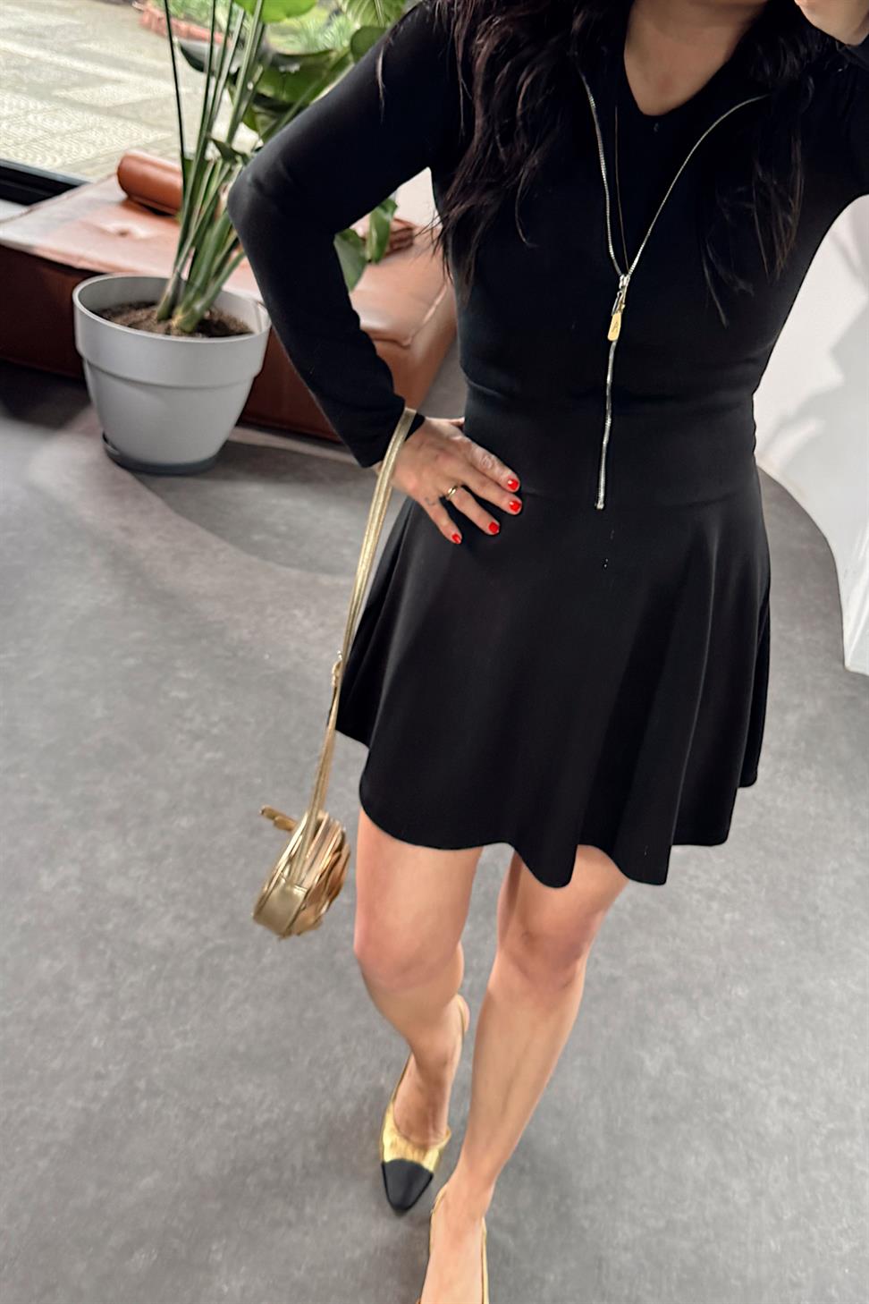 Premium Kalite Fermuar Detaylı Mini Etekli Takım Siyah