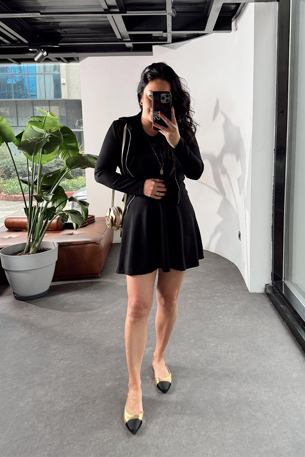 Premium Kalite Fermuar Detaylı Mini Etekli Takım Siyah