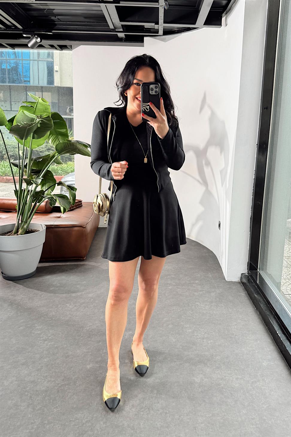 Premium Kalite Fermuar Detaylı Mini Etekli Takım Siyah