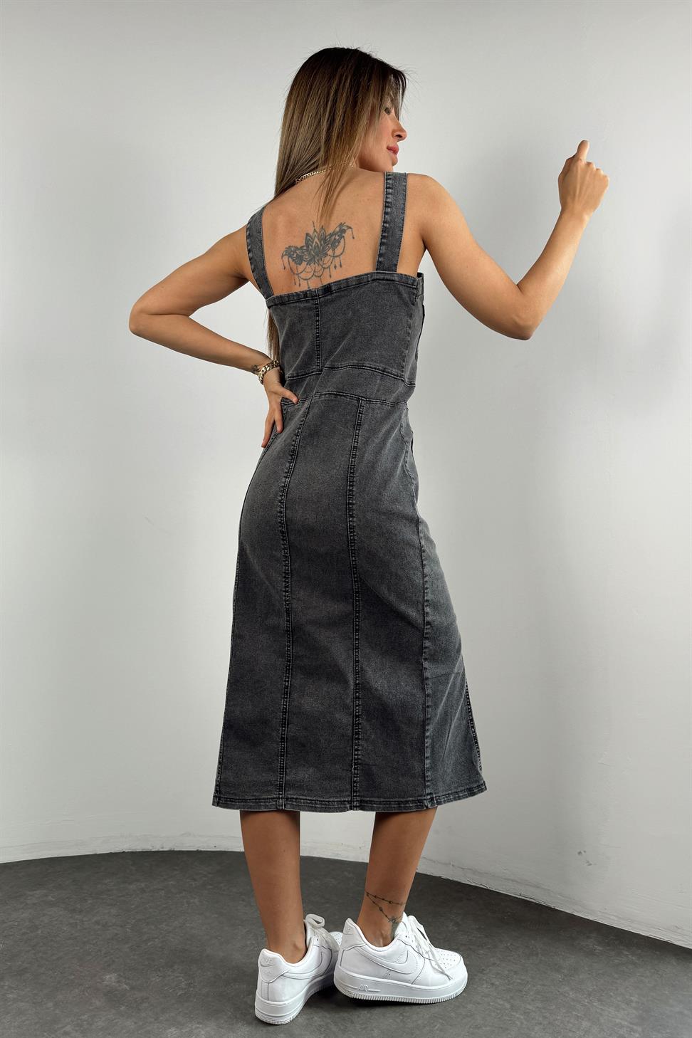 Premium Kalite Full Düğmeli Tasarım Askılı Denim Elbise Antrasit