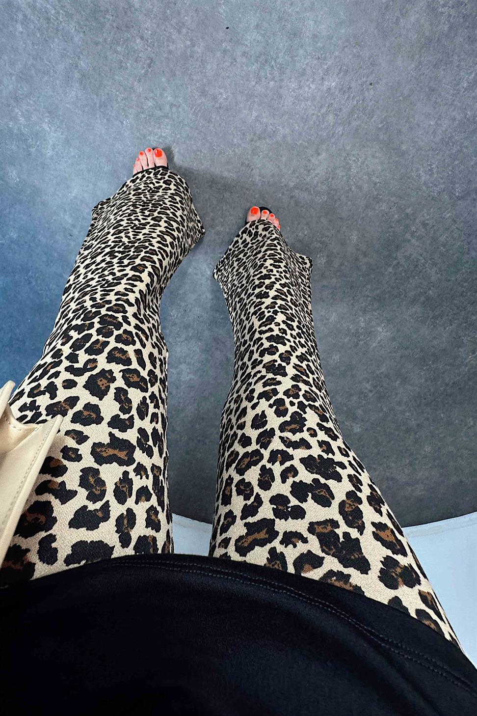 Premium Kalite Full Likralı Leopar Desen İspanyol Kadın Pantolon Vizon