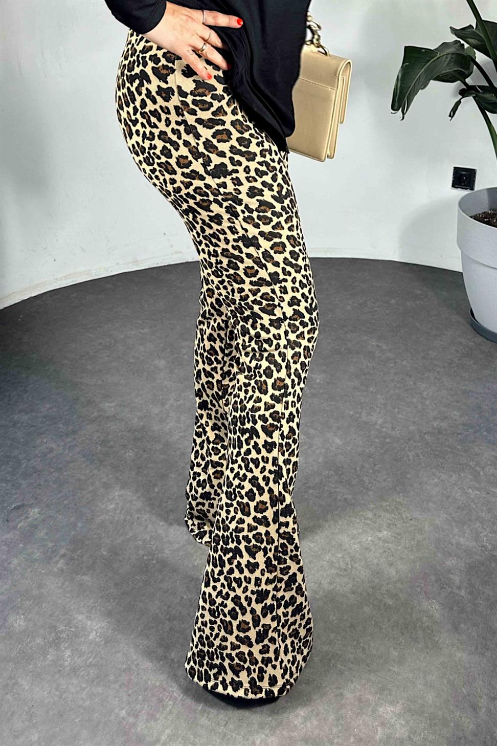 Premium Kalite Full Likralı Leopar Desen İspanyol Kadın Pantolon Vizon