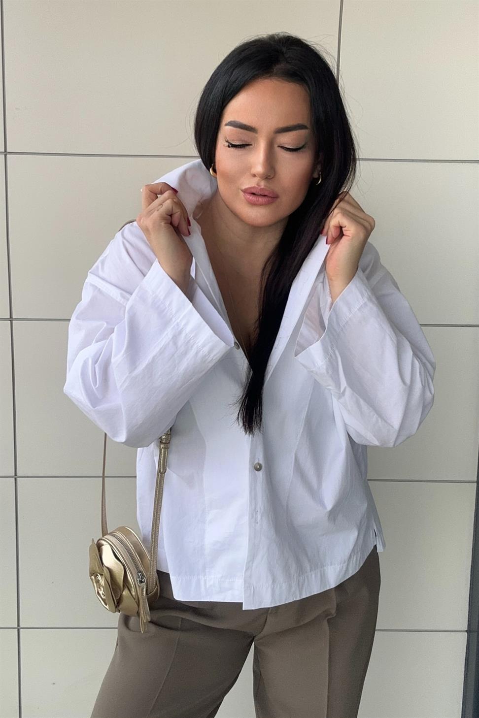 Premium Kalite Geniş Kol Detaylı Oversize Gömlek Beyaz