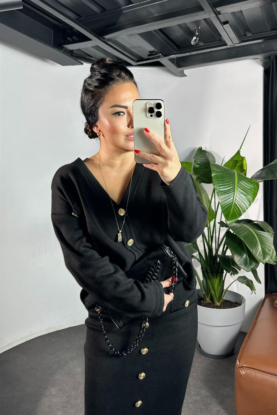 Premium Kalite Gold Düğme Detay İkili Kadın Takım Siyah