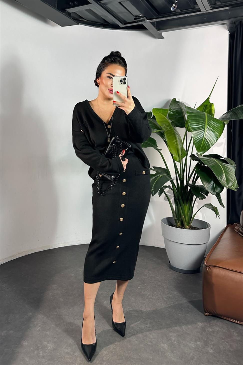 Premium Kalite Gold Düğme Detay İkili Kadın Takım Siyah