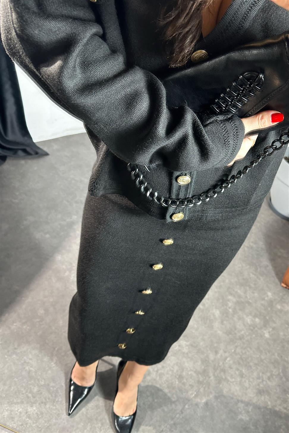 Premium Kalite Gold Düğme Detay İkili Kadın Takım Siyah