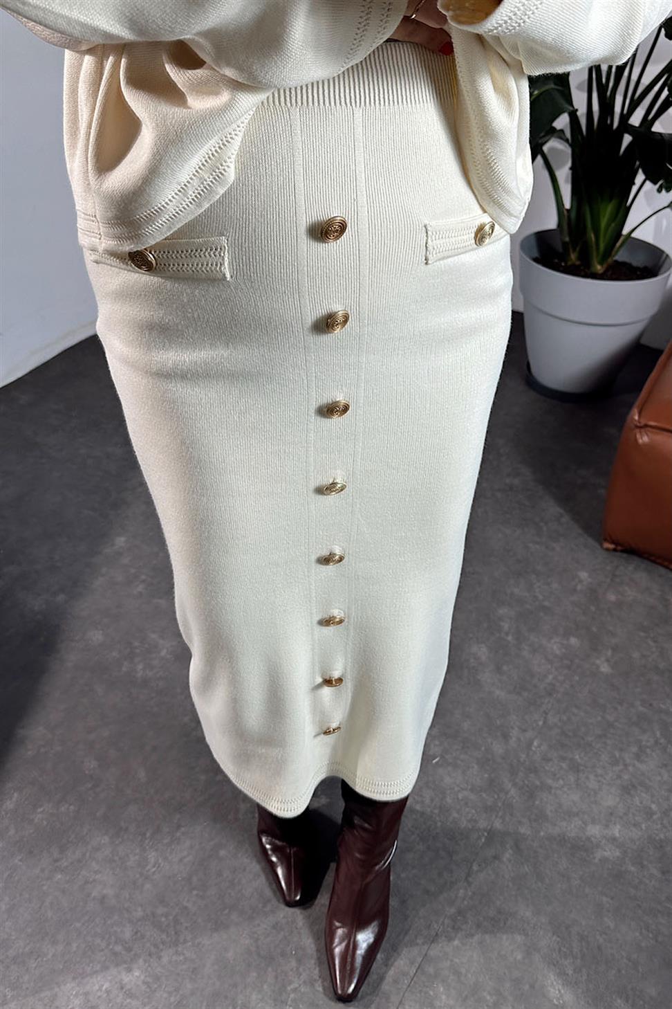 Premium Kalite Gold Düğme Detay İkili Kadın Takım Ekru