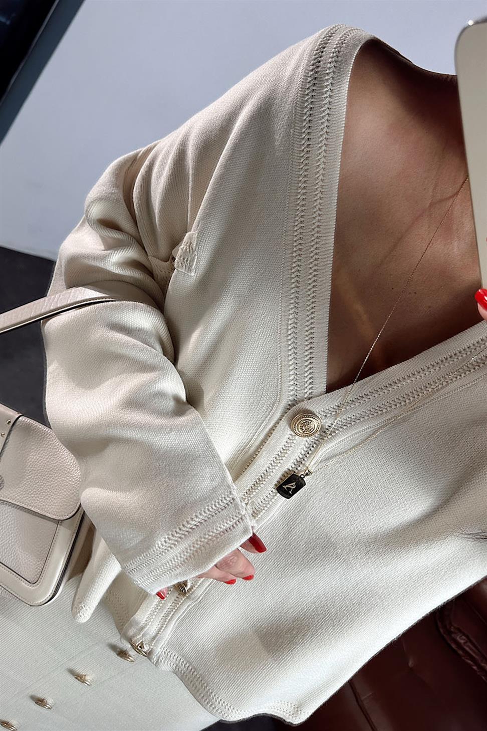 Premium Kalite Gold Düğme Detay İkili Kadın Takım Ekru