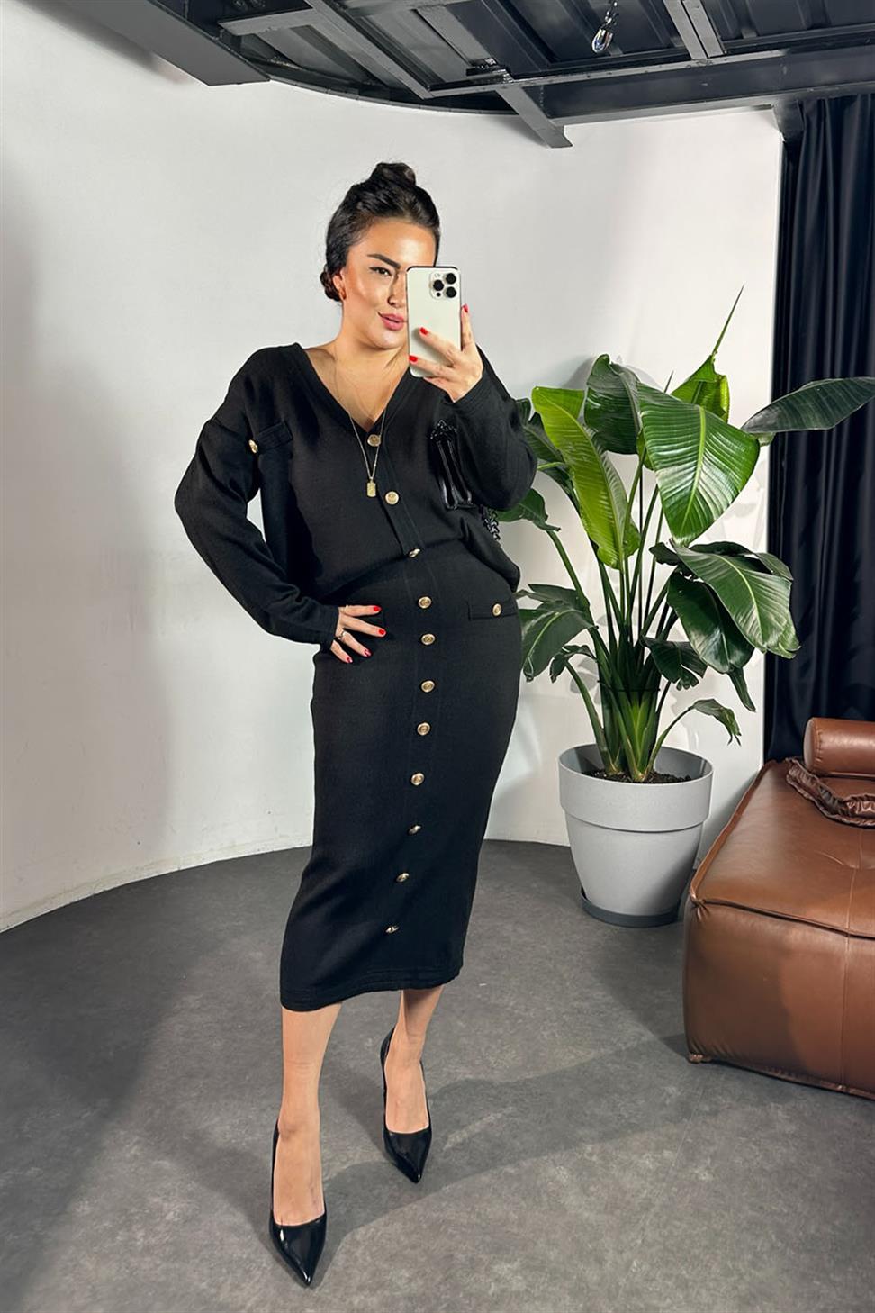 Premium Kalite Gold Düğme Detay İkili Kadın Takım Siyah