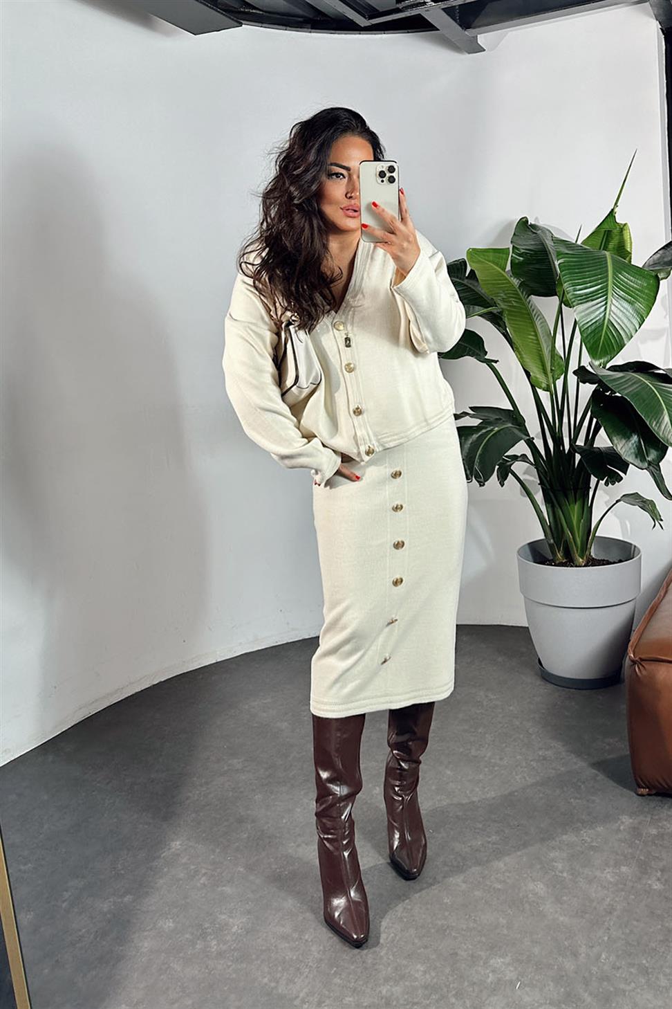 Premium Kalite Gold Düğme Detay İkili Kadın Takım Ekru