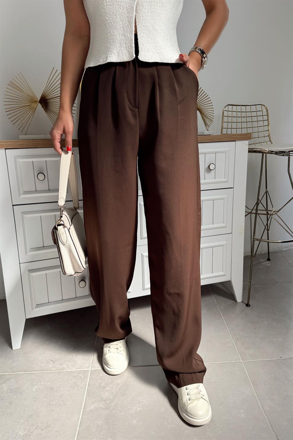 Premium Kalite Gold Düğme Detay Pileli Palazzo Pantolon Acı Kahve