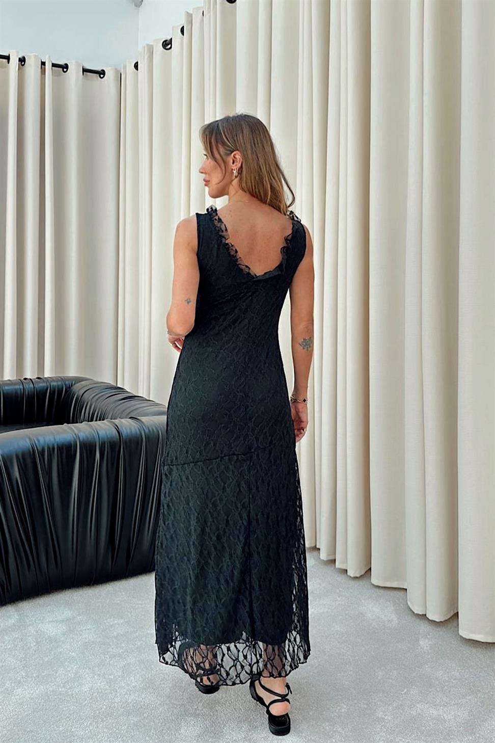 Premium Kalite Güpür Dantel Görünümlü Astarlı Elbise Siyah