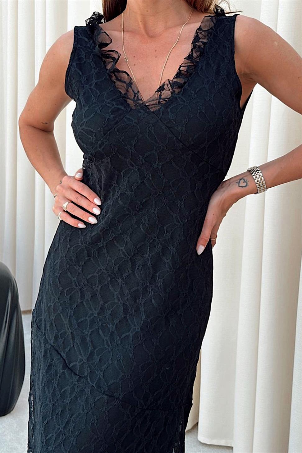 Premium Kalite Güpür Dantel Görünümlü Astarlı Elbise Siyah