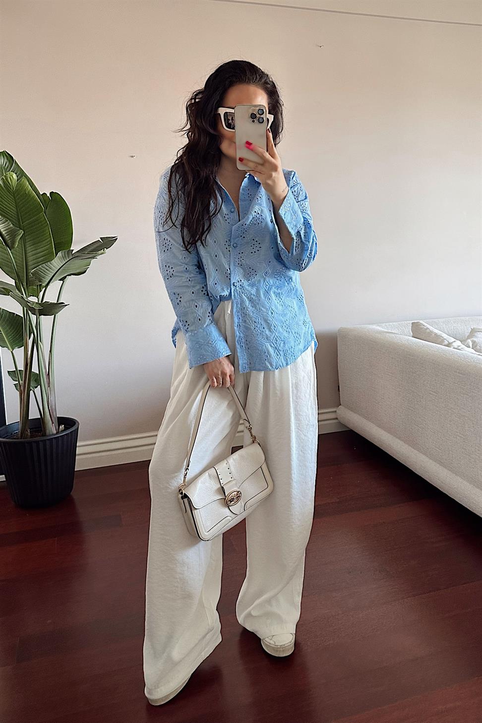 Premium Kalite Güpür Detaylı Gömlek Bebe Mavisi