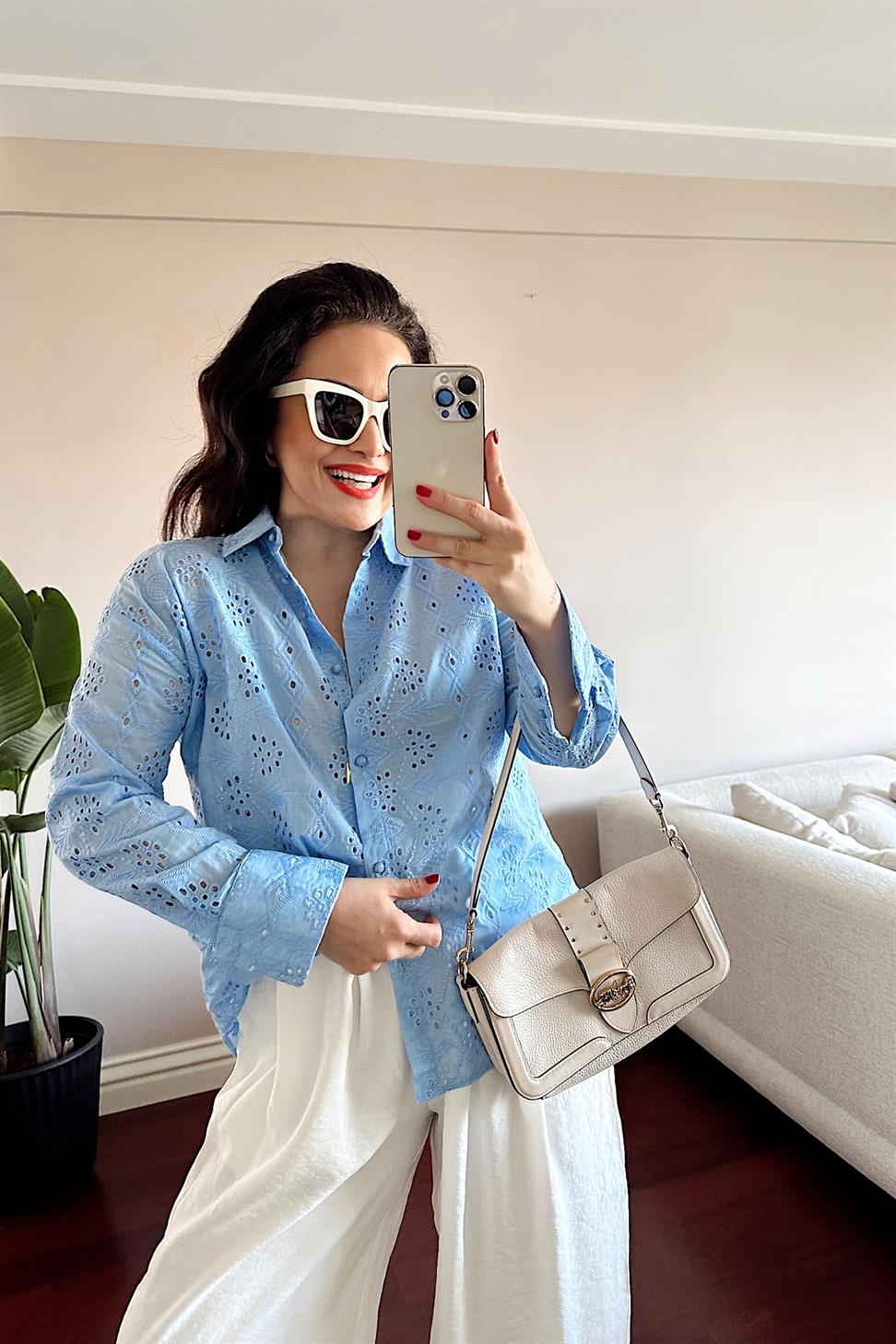 Premium Kalite Güpür Detaylı Gömlek Bebe Mavisi