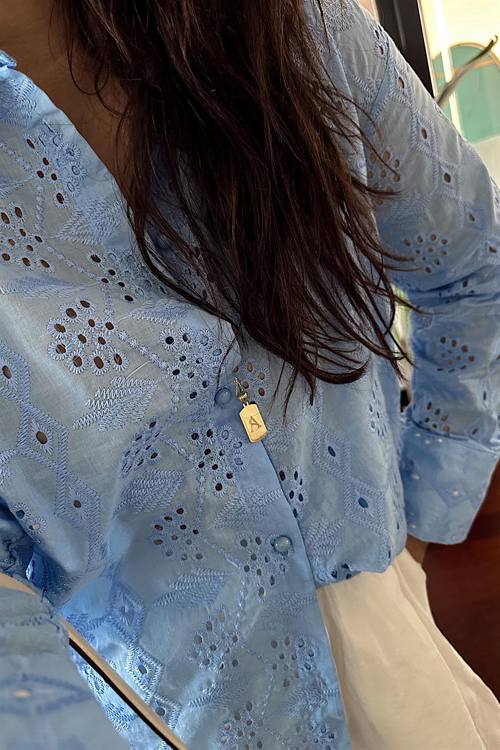 Premium Kalite Güpür Detaylı Gömlek Bebe Mavisi