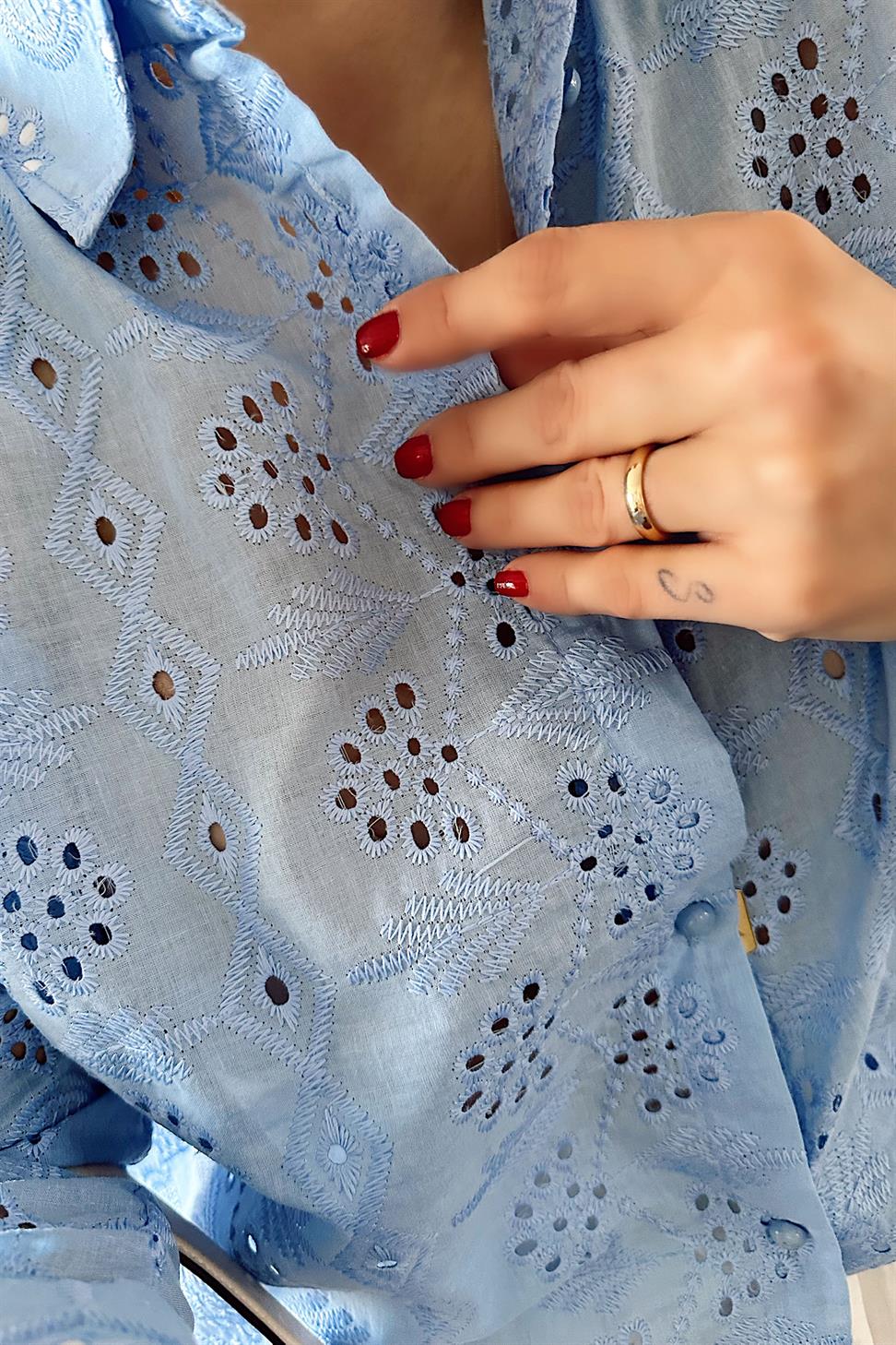 Premium Kalite Güpür Detaylı Gömlek Bebe Mavisi