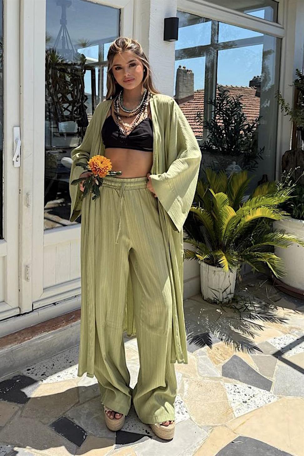 Premium Kalite İkili Kimono Takım Fıstık Yeşil