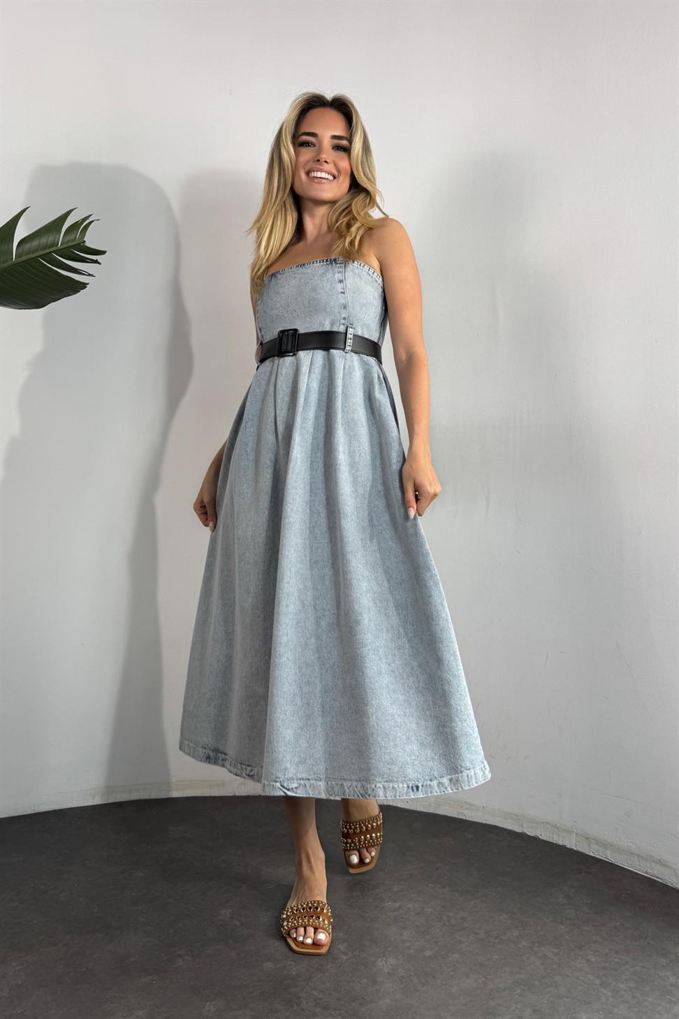 Premium Kalite İnce Askılı Midi Denim Elbise Buz Mavisi