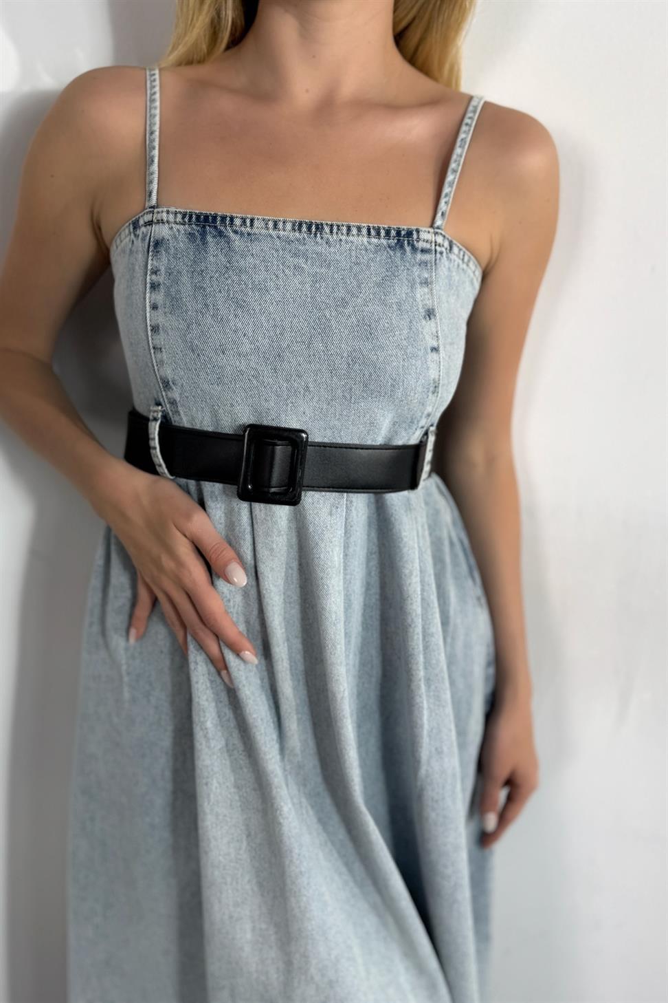 Premium Kalite İnce Askılı Midi Denim Elbise Buz Mavisi
