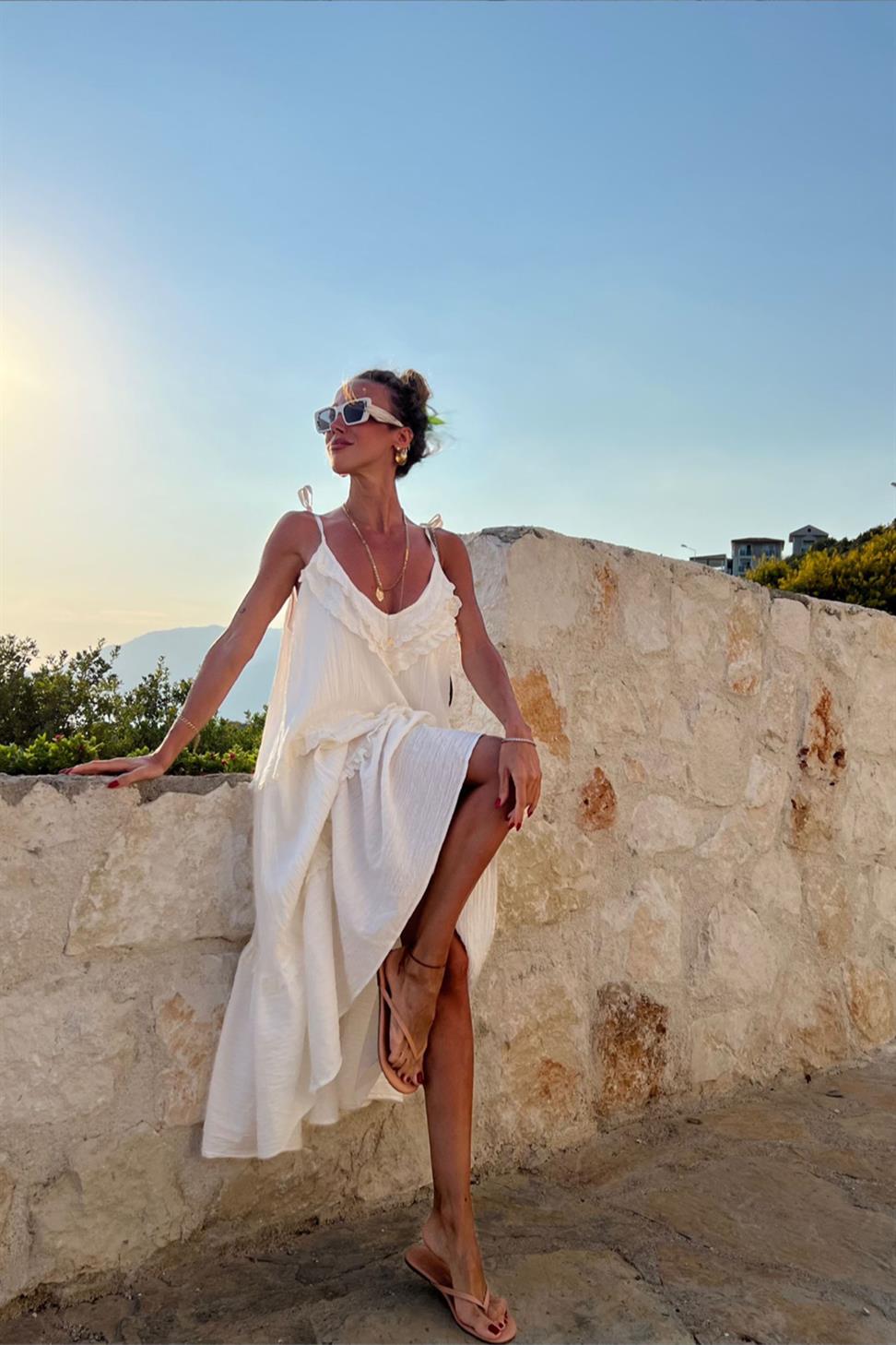 Premium Kalite İp Askılı Kat Kat Detay Astarlı Elbise Ekru
