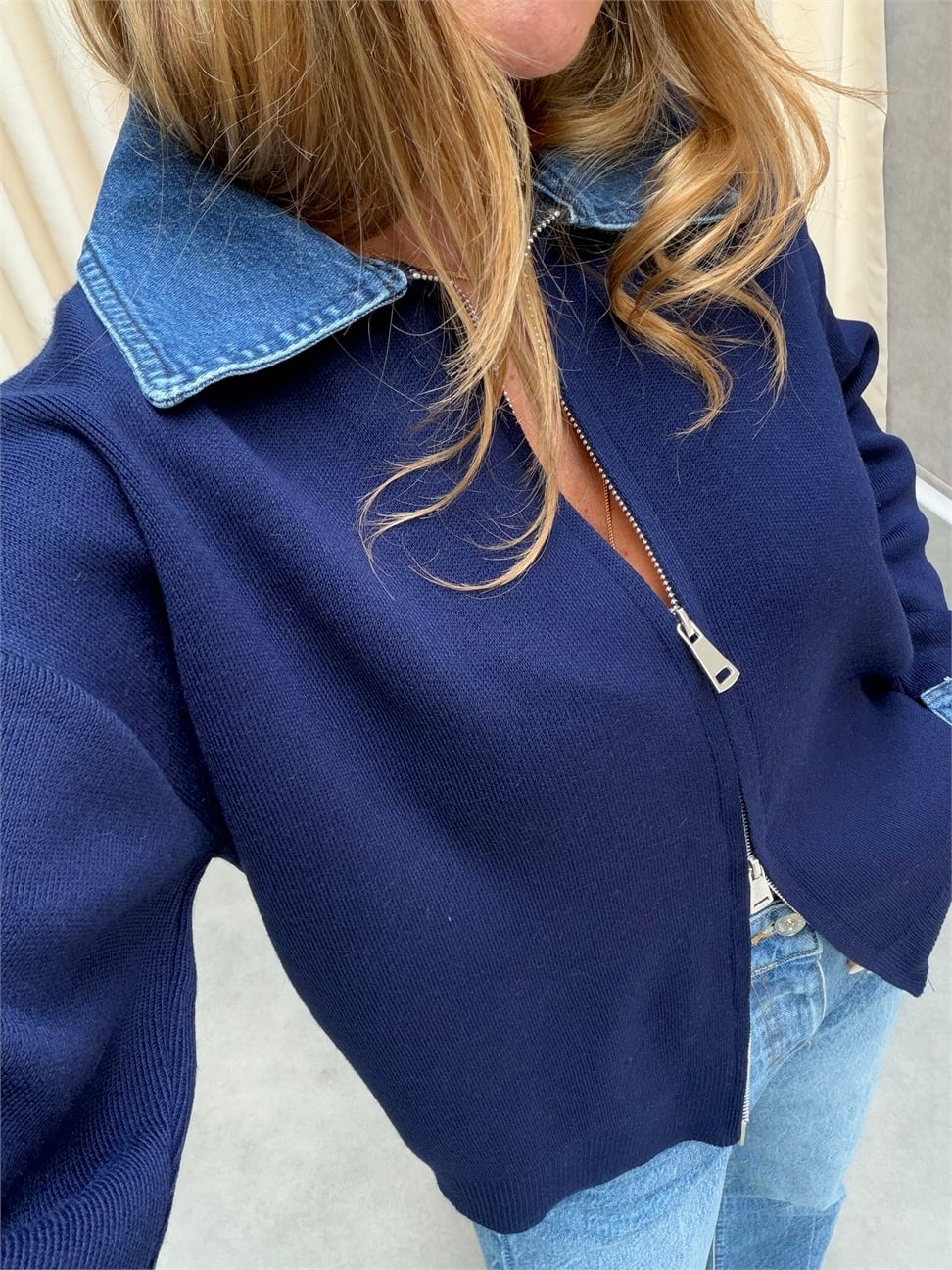 Premium Kalite Jean Detaylı Tasarım Hırka Lacivert
