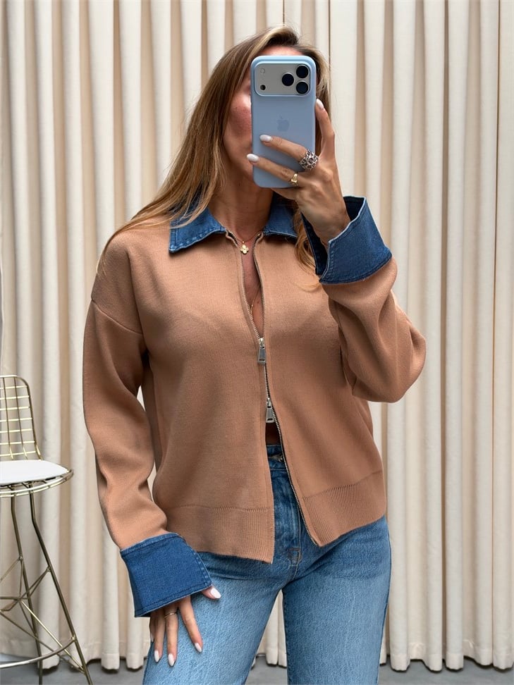 Premium Kalite Jean Detaylı Tasarım Hırka Camel