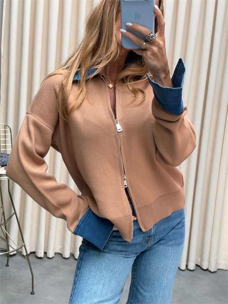 Premium Kalite Jean Detaylı Tasarım Hırka Camel