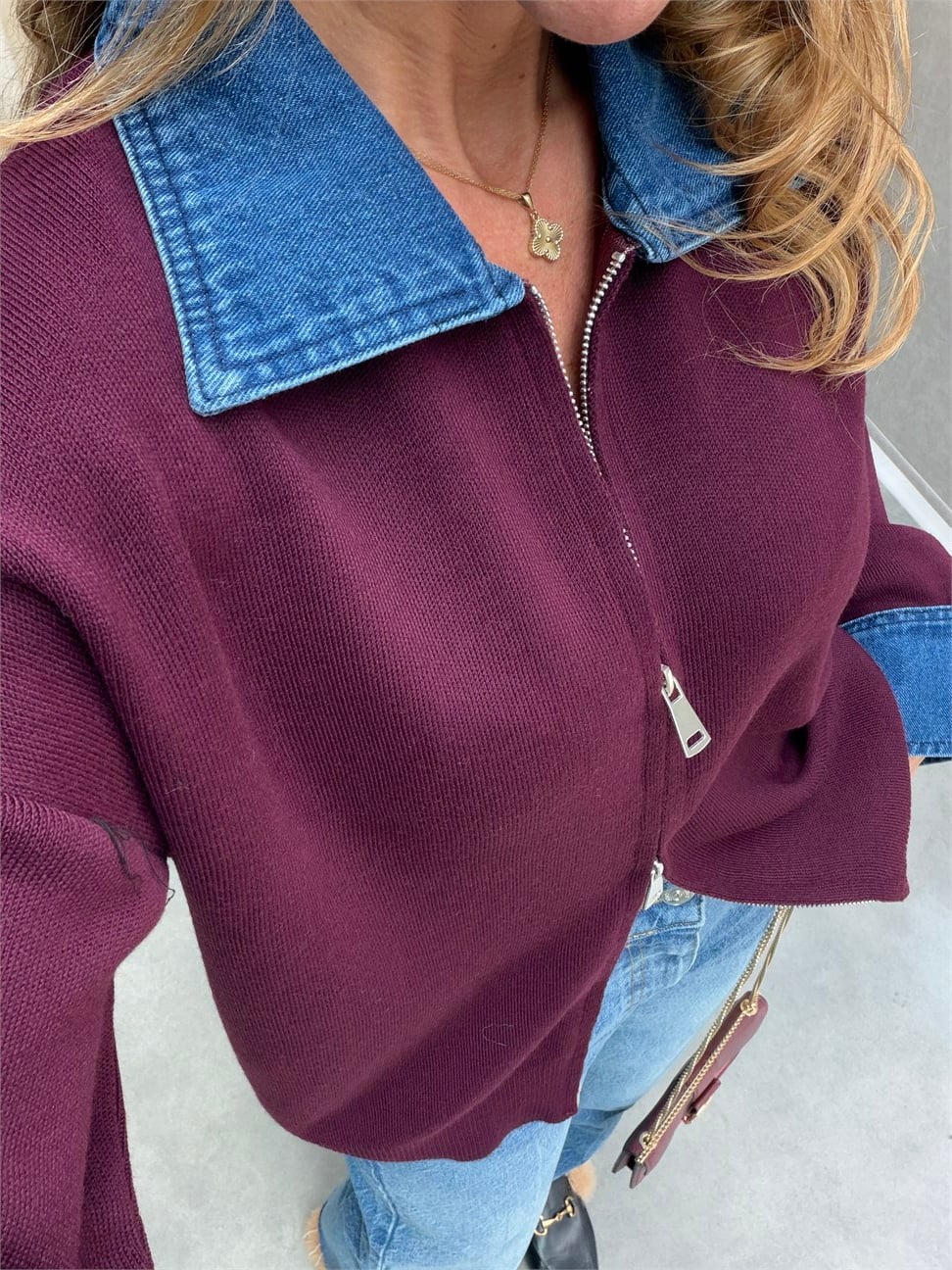 Premium Kalite Jean Detaylı Tasarım Hırka Bordo