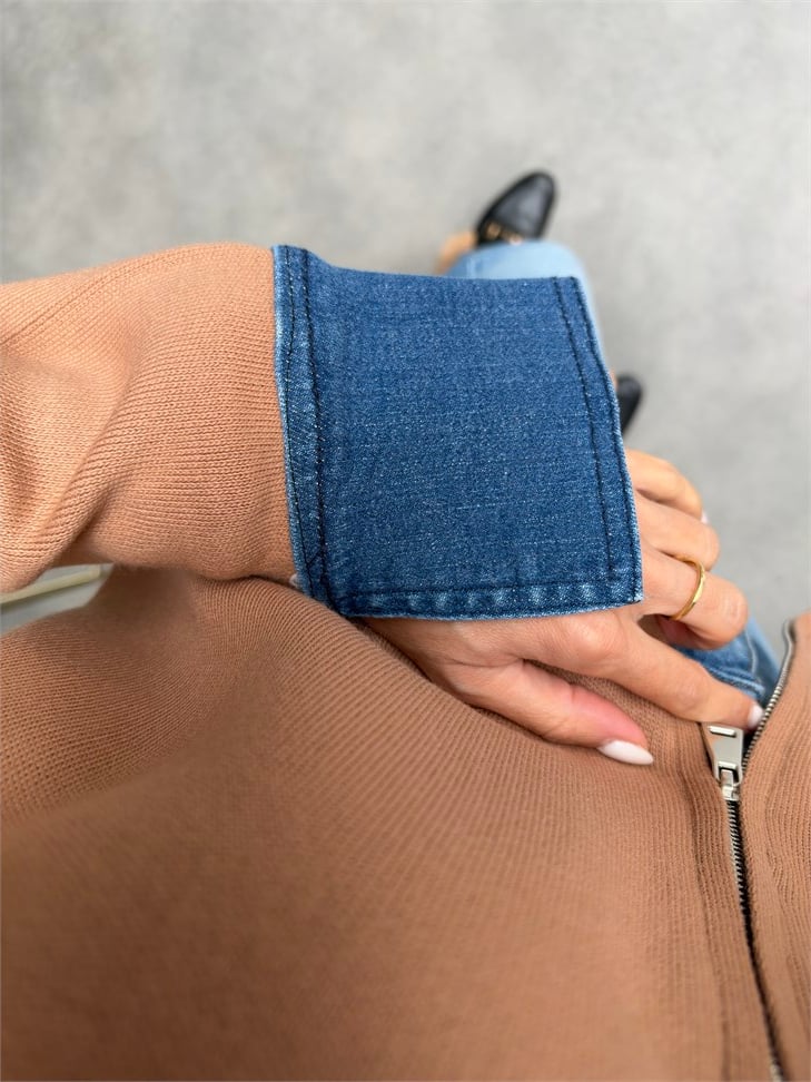 Premium Kalite Jean Detaylı Tasarım Hırka Camel