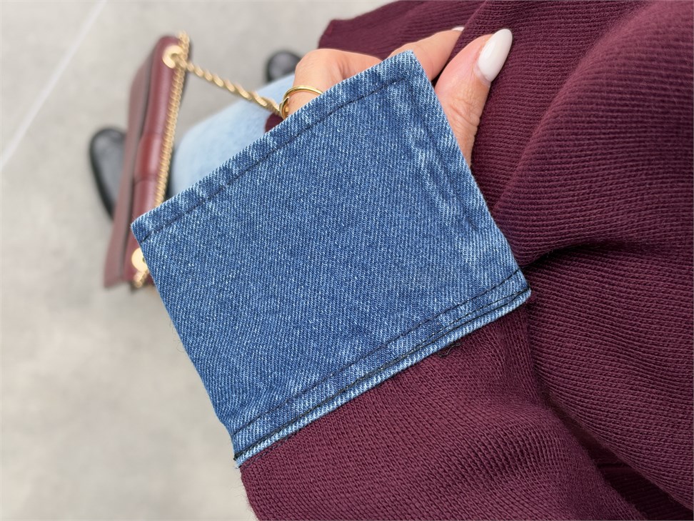 Premium Kalite Jean Detaylı Tasarım Hırka Bordo