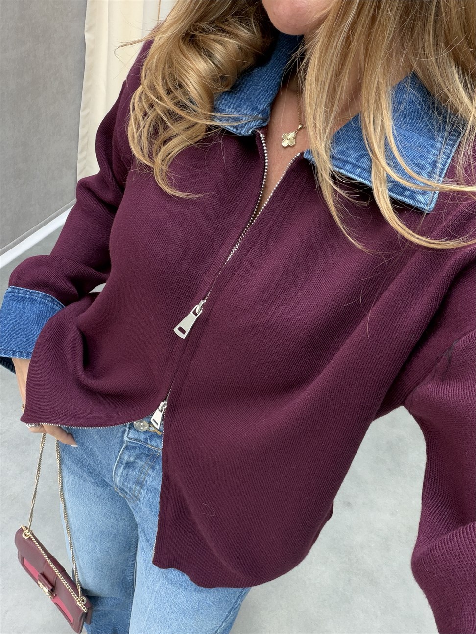 Premium Kalite Jean Detaylı Tasarım Hırka Bordo
