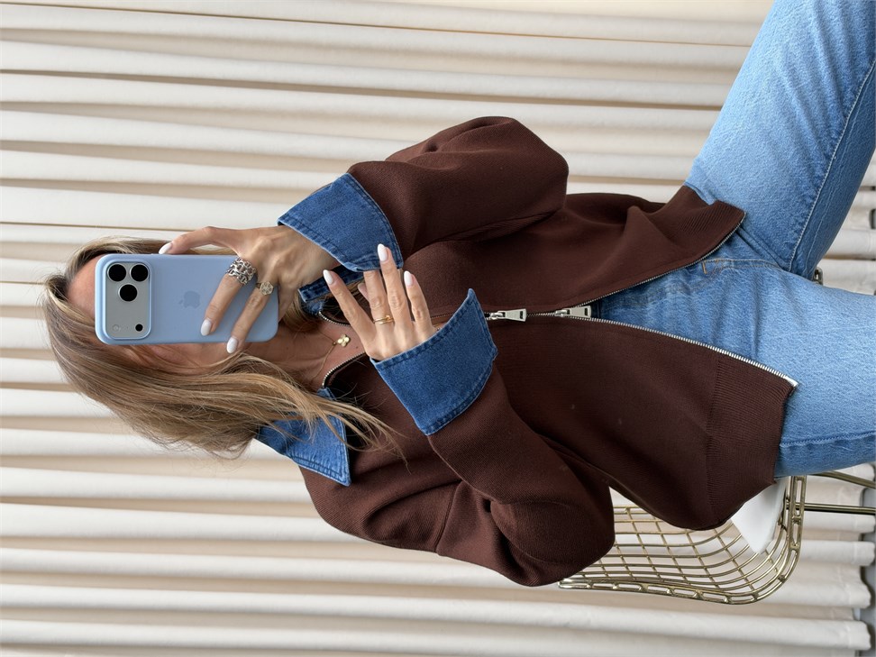 Premium Kalite Jean Detaylı Tasarım Hırka Kahverengi